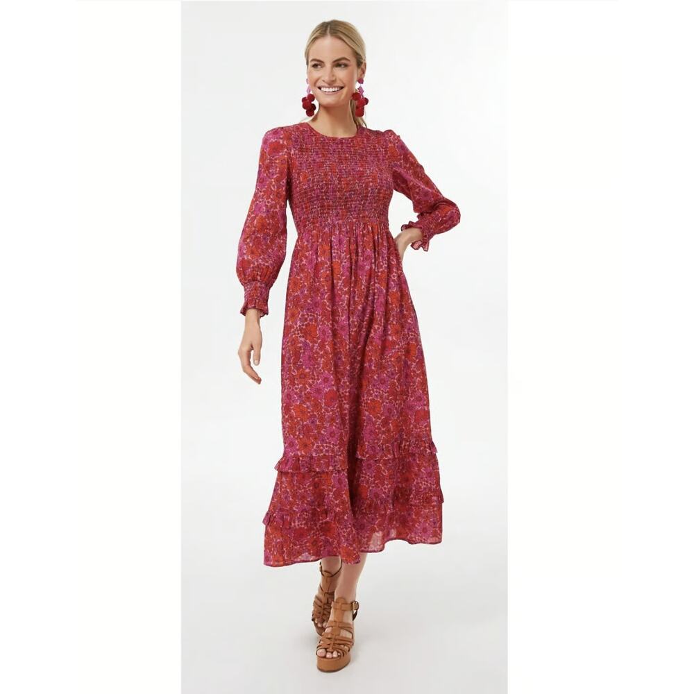 Smocked Floral Maxi Dress in Berry Pink